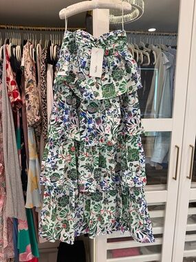 White Floral Tiered Sundress with Green & Blue Print